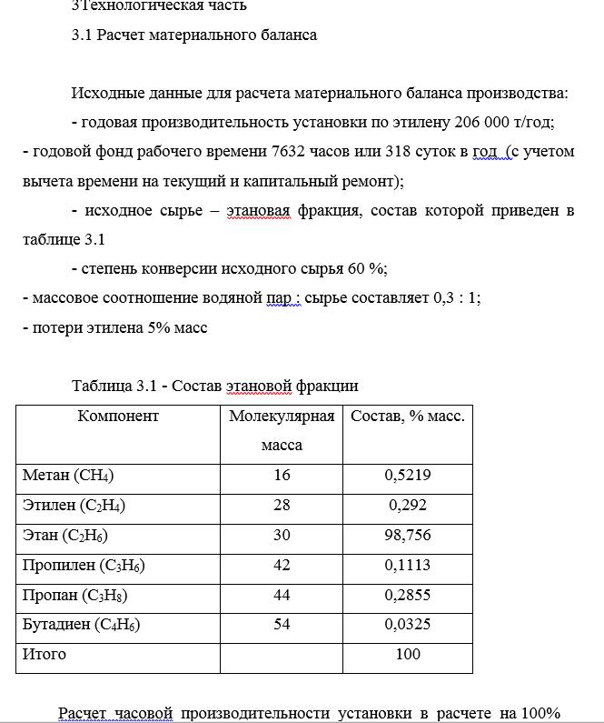 Расчет материального баланса печи пиролиза на этановой фракции