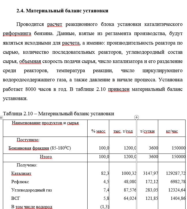 Материальный баланс реакторов риформинга бензиновой фракции