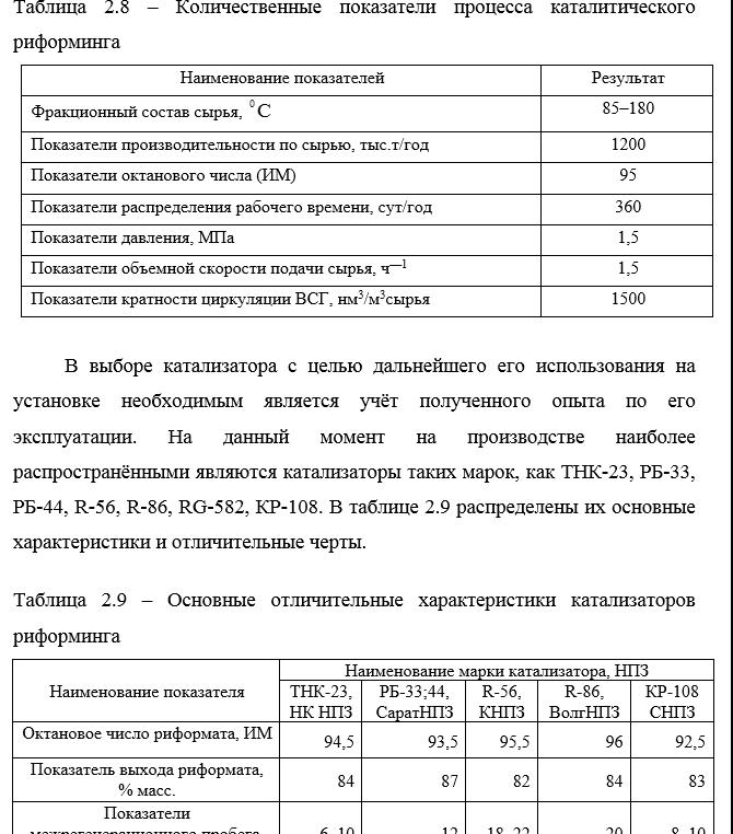 Показатели каталитического риформинга