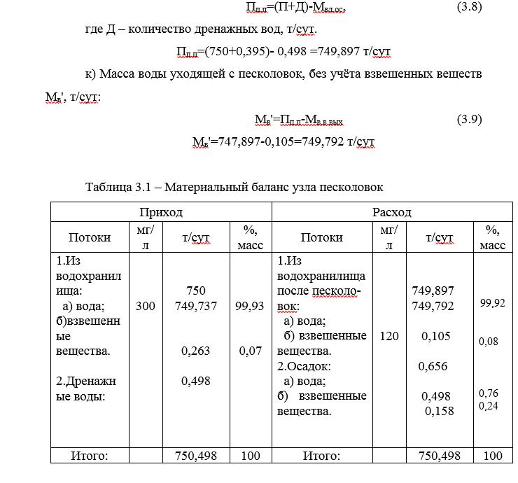 Материальный баланс узла песколовок